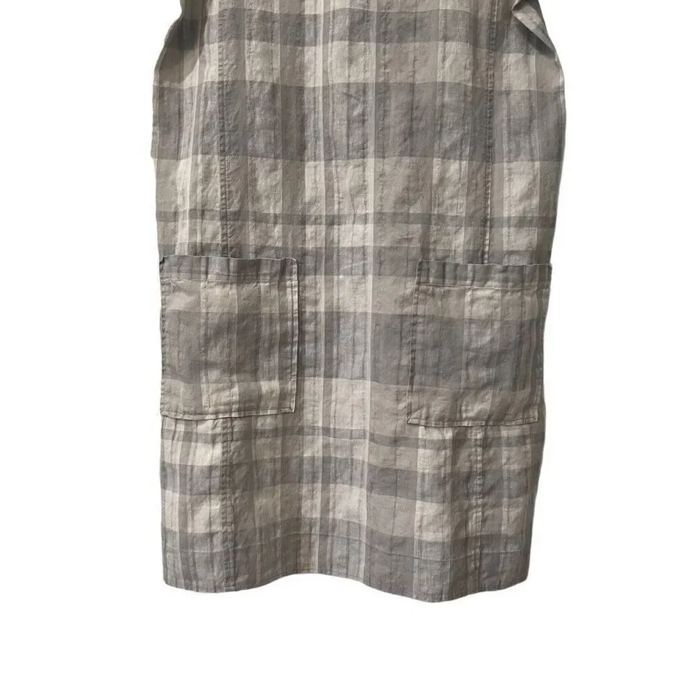 Eileen Fisher Size Small Airy Organic Linen Cotton Gray Plaid Shift Dress Pocket